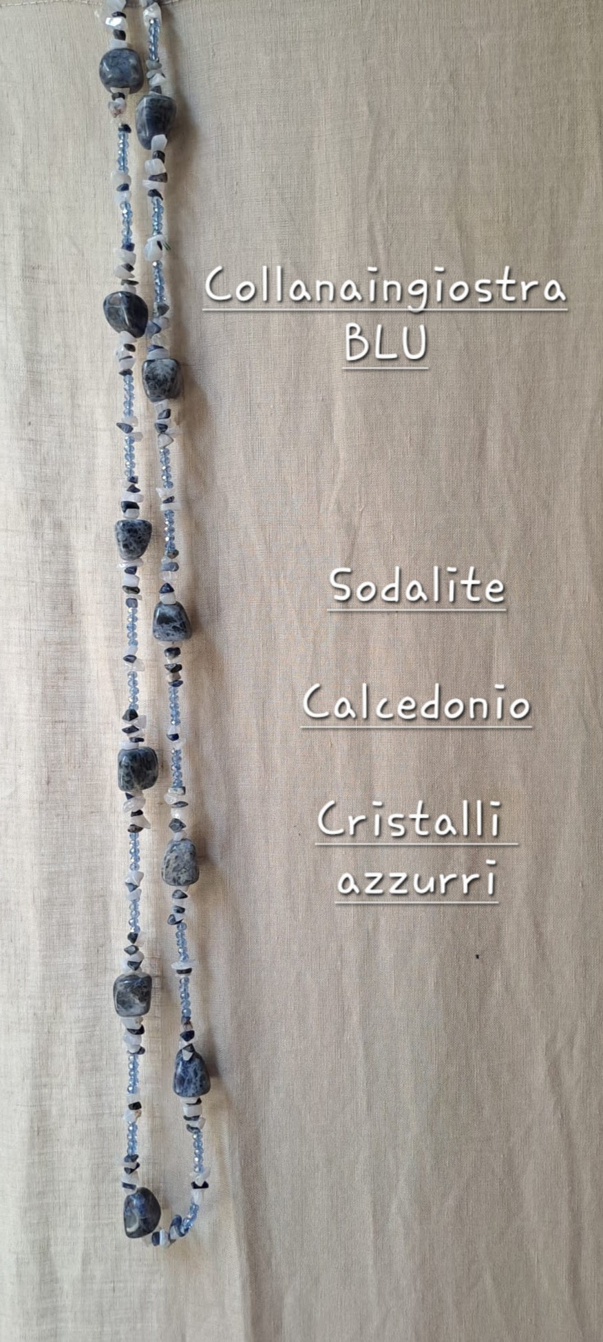 collanaingiostra BLU con SODALITE, CALCEDONIO e CRISTALLI